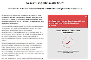 Grafik: Online-Petition für die Forderung an die Politik, einen Digitalminister zu ernennen.